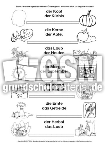 Ab Herbst Zusammengesetzte Nomen 7 Herbstworter Zusammengesetzte Nomen Nomen Deutsch Klasse 2 Grundschulmaterial De