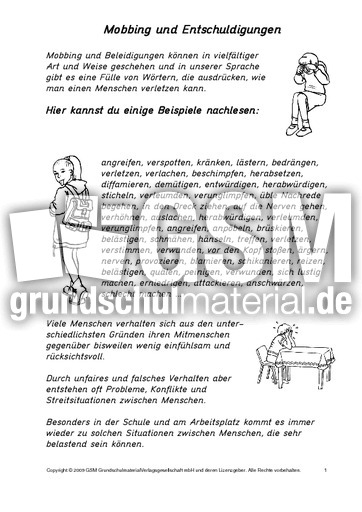 Mobbing Und Entschuldigungen Mobbing Und Entschuldigungen Mobbing Beleidigungen Themen Und Projekte Hus Klasse 3 Grundschulmaterial De