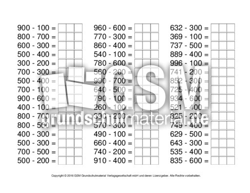 Ab Zr 1000 Subtraktion Hunderter Ab Ohne Uberschreitungen Plus Und Minus Arbeitsblatter Mathe Klasse 3 Grundschulmaterial De